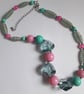Retro Style Pink & Turquoise Reclaimed Beaded Necklace (Peppermint Candy) - Image 5