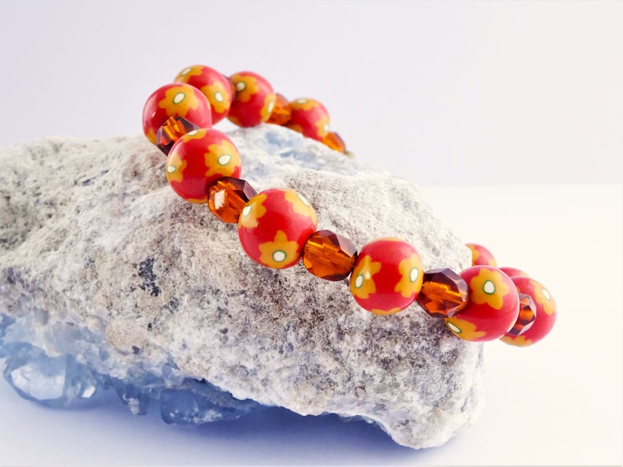Orange and Yellow Floral Bracelet, Handmade Flower Beads, Elasticated Bracelet