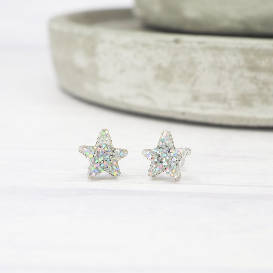 Holographic glitter small star studs, Hypoallergenic titanium posts