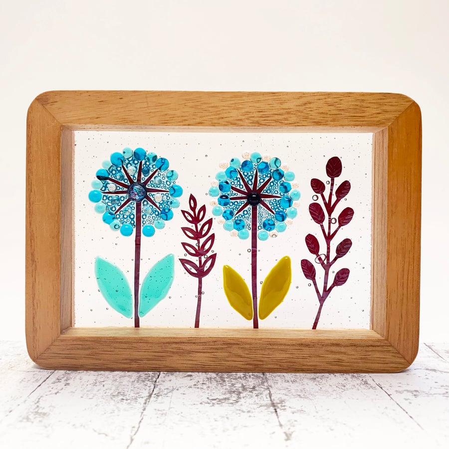 Fused Glass Blue Alliums Picture - Freestanding Framed Fused Glass Picture
