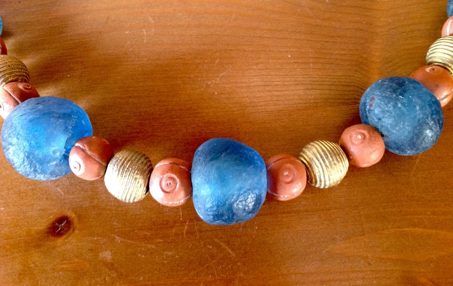 20" chunky bead necklace with clay, recycled glass and brass beads from Africa