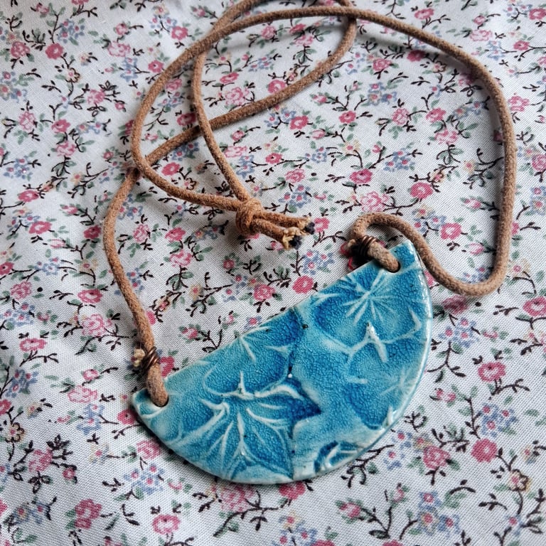 ceramic necklace pendant handmade- turquoise semi circle
