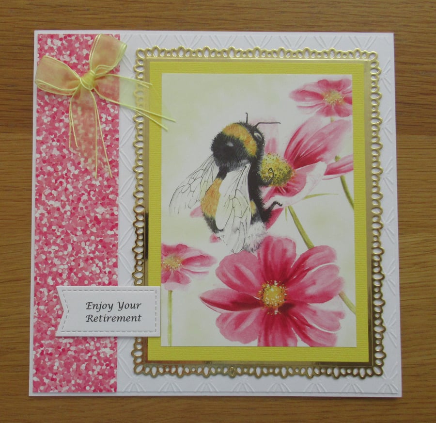 Bumble Bee & Pink Flowers - Large Retirement Card
