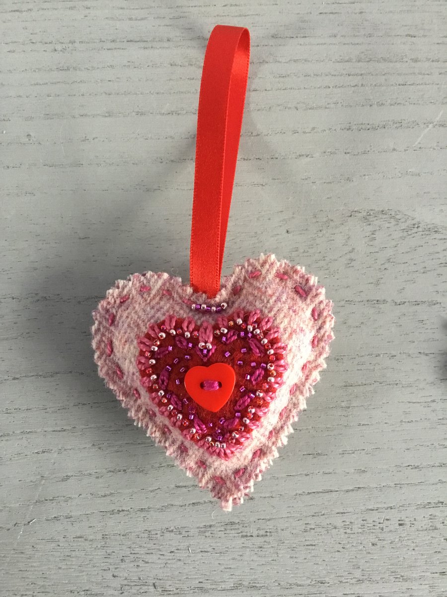 Hand Embroidered Hanging Heart Decoration 