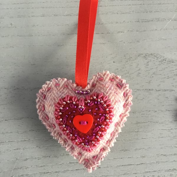 Hand Embroidered Hanging Heart Decoration 