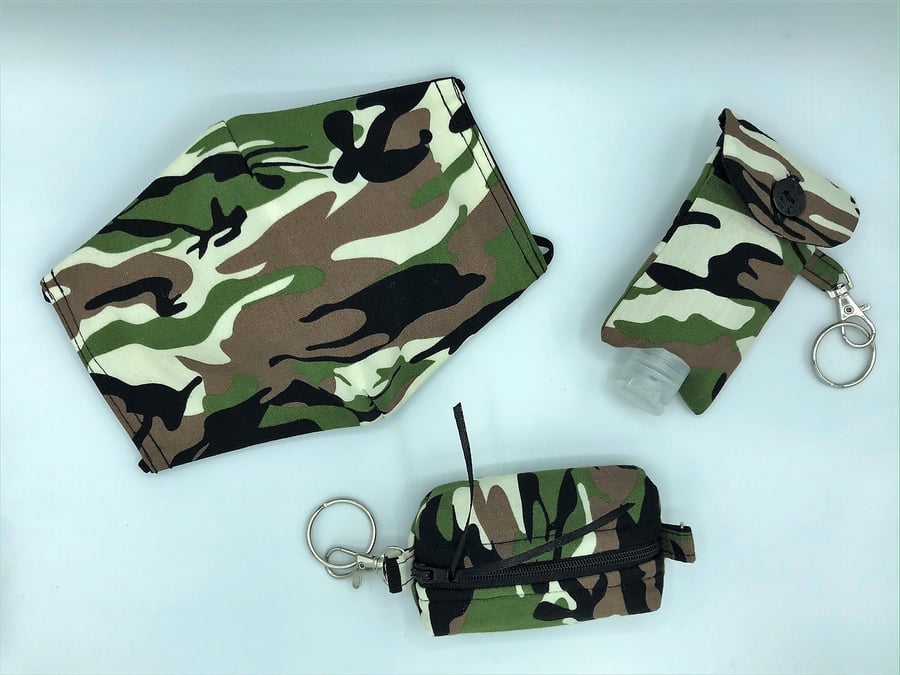 Camouflage Face mask, hand gel holder and keyring bag gift set