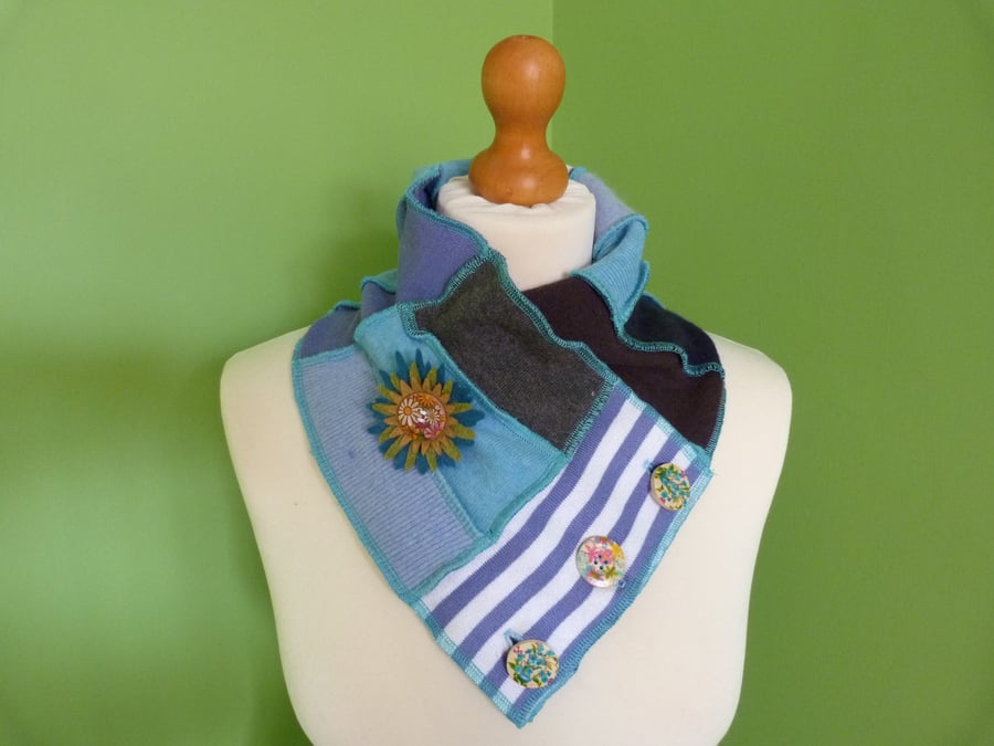 Neck Warmer Scarf with 3 button Trim. Upcycled Cowl. Felt Flower. Blue  Stripe