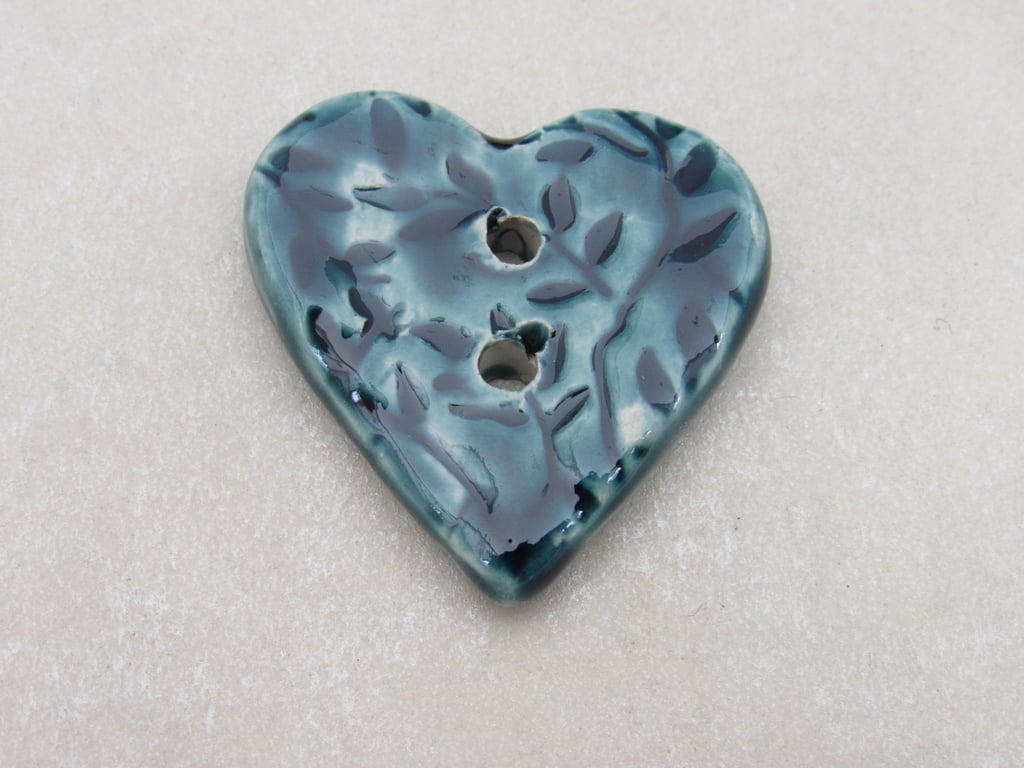 SECONDS Medium Petrol Blue Leaf Sprig Texture Heart Shaped Ceramic Button