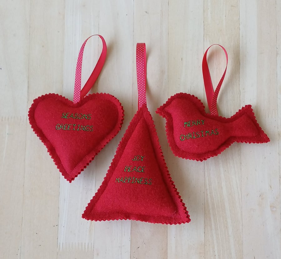 Red tweed embroidered Christmas decorations rustic bird tree heart hanging decor