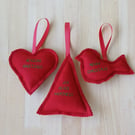 Red tweed embroidered Christmas decorations rustic bird tree heart hanging decor