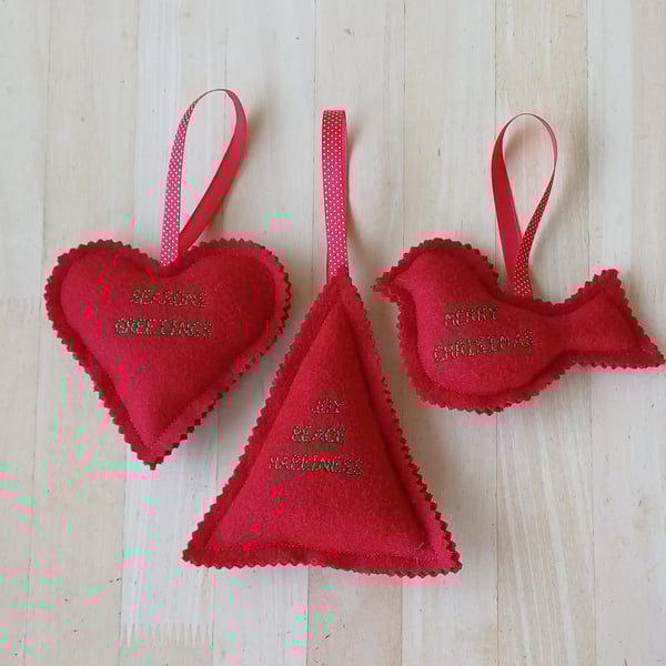 Red tweed embroidered Christmas decorations rustic bird tree heart hanging decor