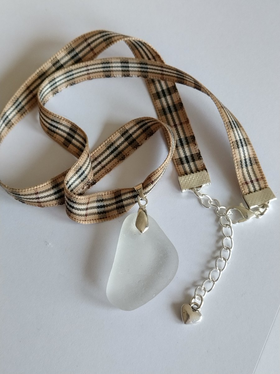Scottish Seaglass Plaid Pendant on Gold Pride of Scotland Tartan ribbon