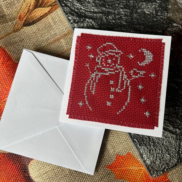 Silver Snowman Cross Stitched Christmas Card 3inch x 3 inch 