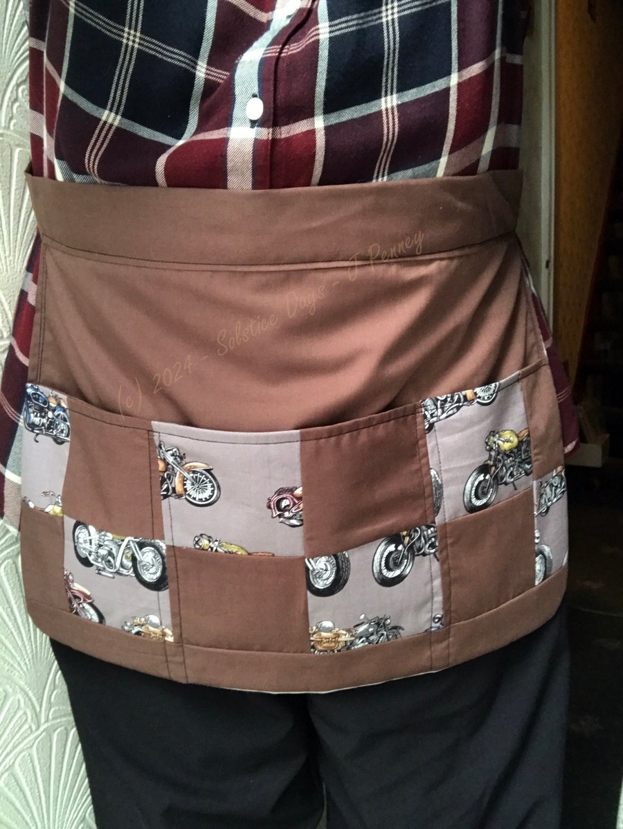 Motorcycle Tie Waist Pocket Apron Motorbike Patchwork Lined Cotton Apron