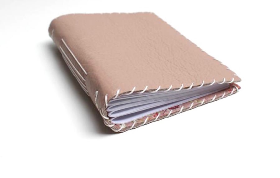 A6 Pale Pink Handmade Leather notebook Floral Fabric Lining Plain Paper