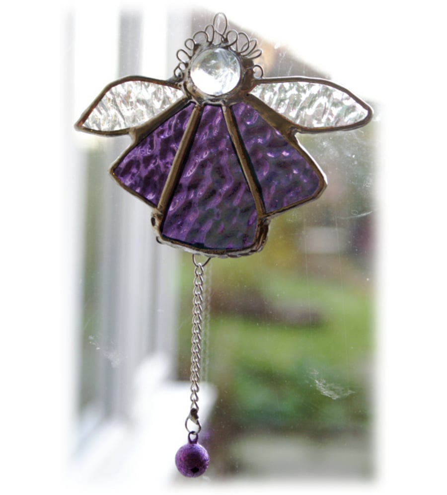 Angel Bell Suncatcher Stained Glass Shiny Purple Christmas 024