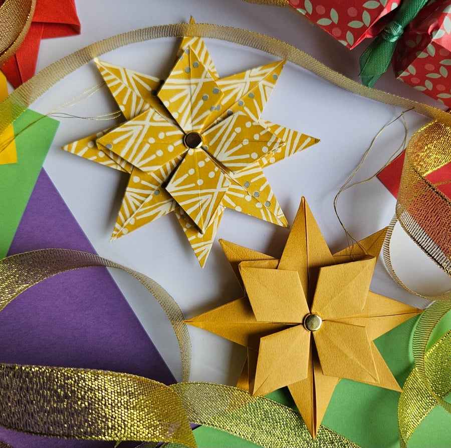 Two Origami Christmas Stars: Hanging Decorations (Ochre Yellow)