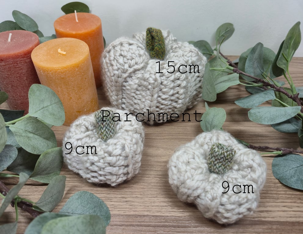Rustic Autumn Crochet Pumpkin in oatmeal beige, with Harris Tweed Detail