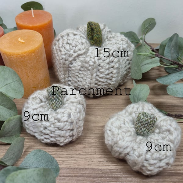 Rustic Autumn Crochet Pumpkin in oatmeal beige, with Harris Tweed Detail