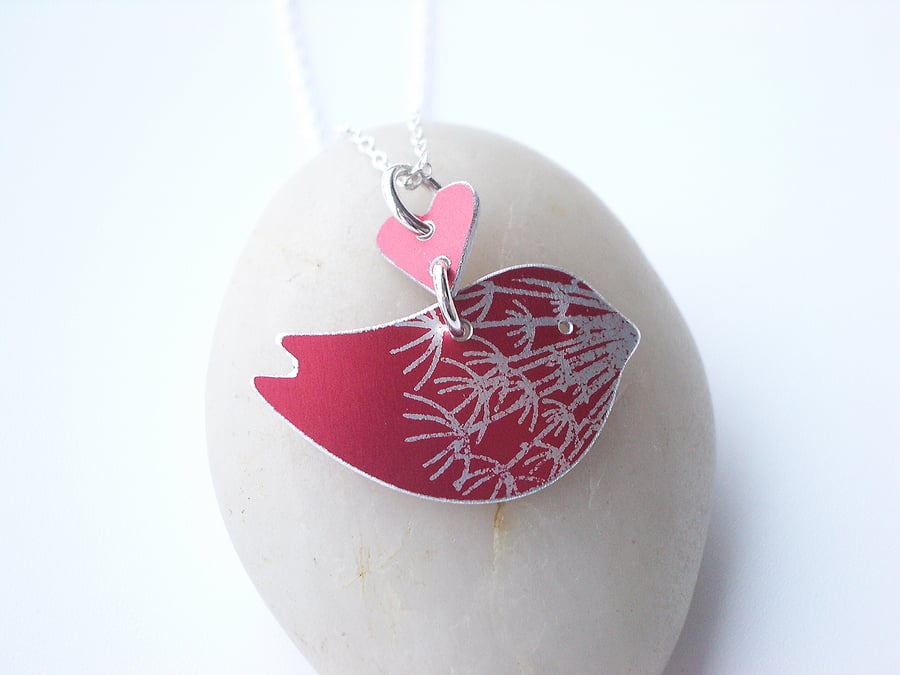 Bird necklace with dandelion print in red and silver