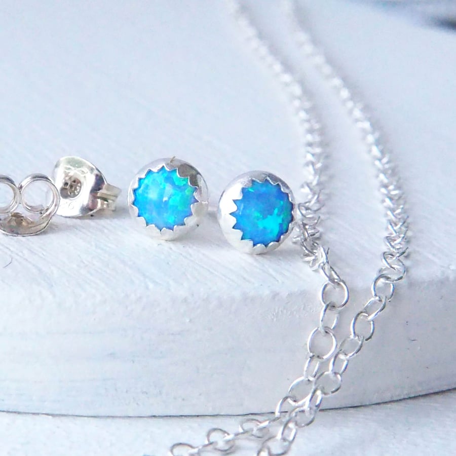 Lab Blue Opal and Silver Stud Earrings