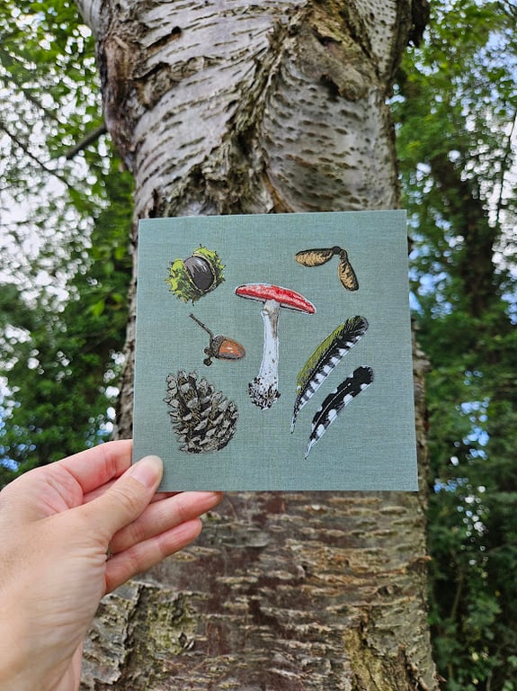 'Woodland Walk' card, conker, acorn, sycamore seed, woodpecker feathers fir cone