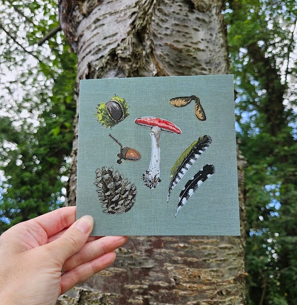 'Woodland Walk' card, conker, acorn, sycamore seed, woodpecker feathers fir cone