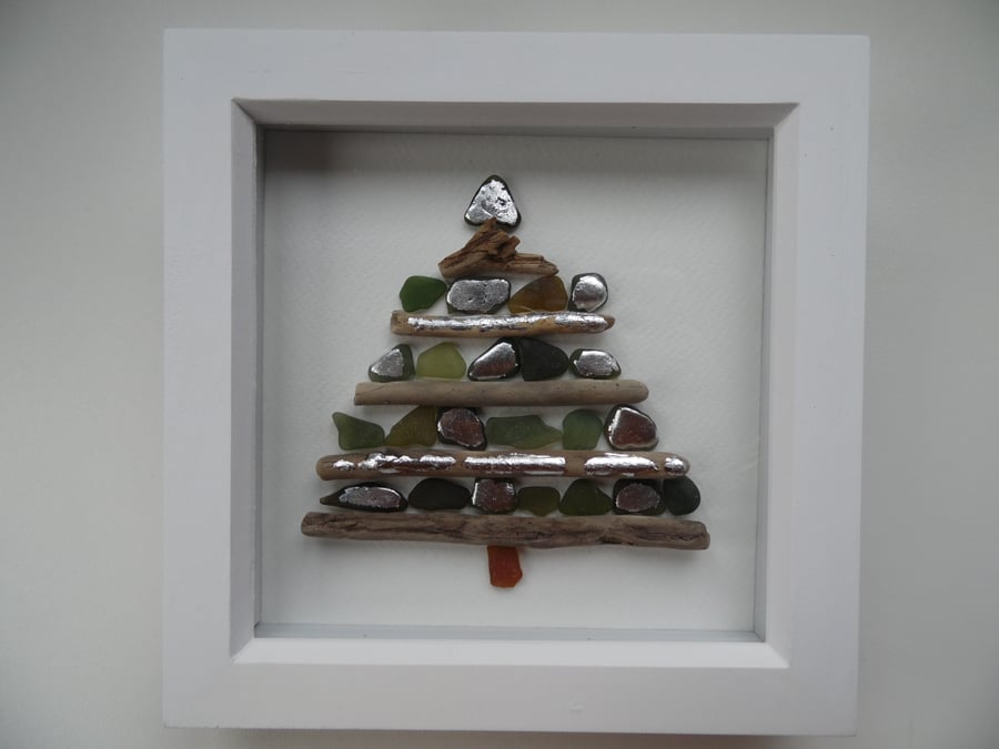 Christmas Tree Driftwood & Cornish Sea Glass, Silver Foil P233