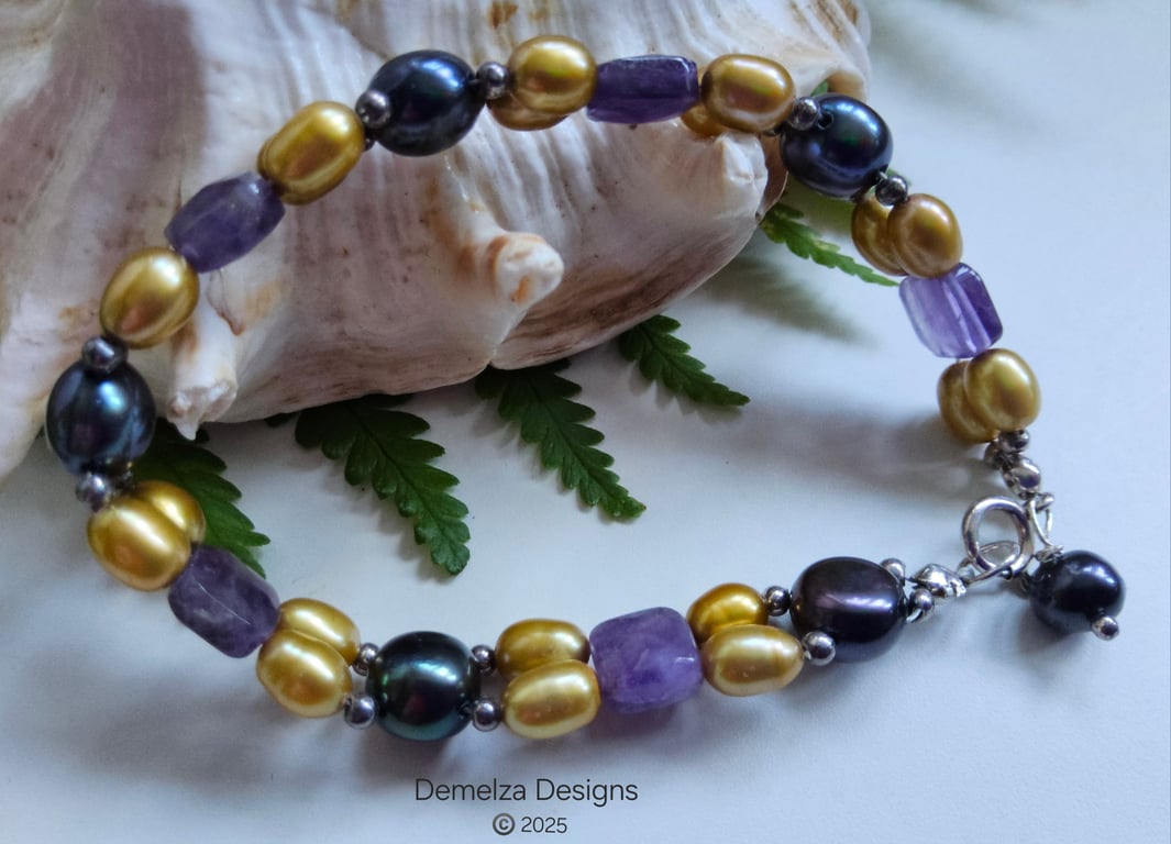 Amethyst,  Freshwater Pearl Sterling Silver Bracelet 