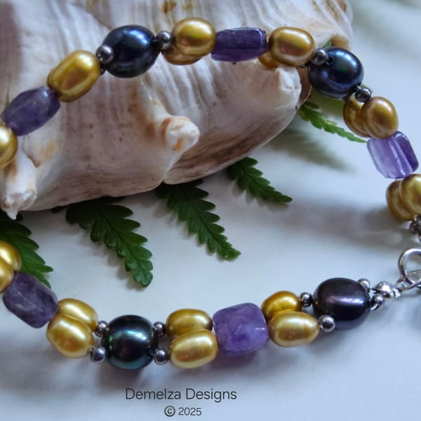 Amethyst,  Freshwater Pearl Sterling Silver Bracelet 