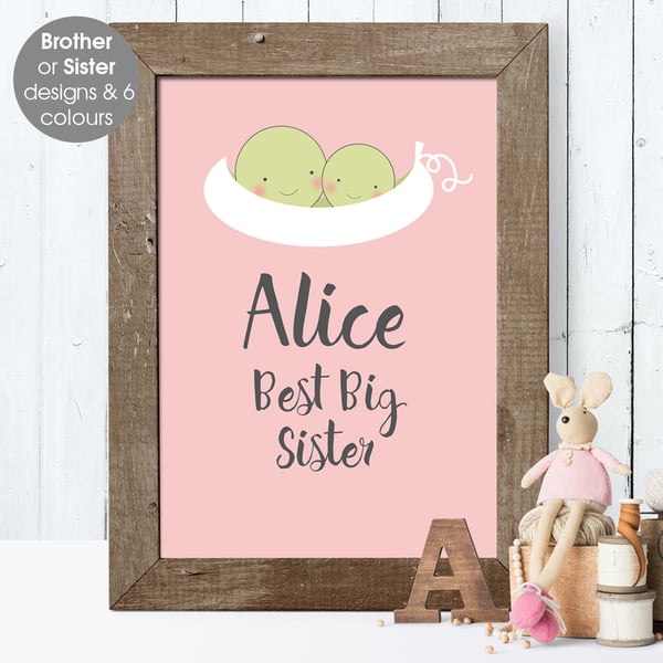 Best Big Sister or Brother, personalised 'Smiler' print, christening new baby
