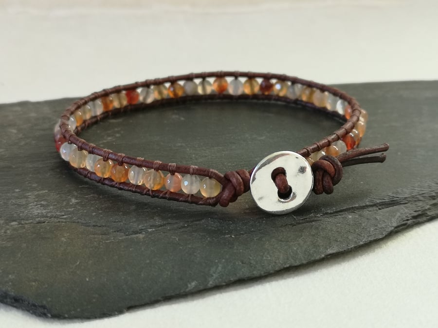 Carnelian and leather bracelet, July birthstone