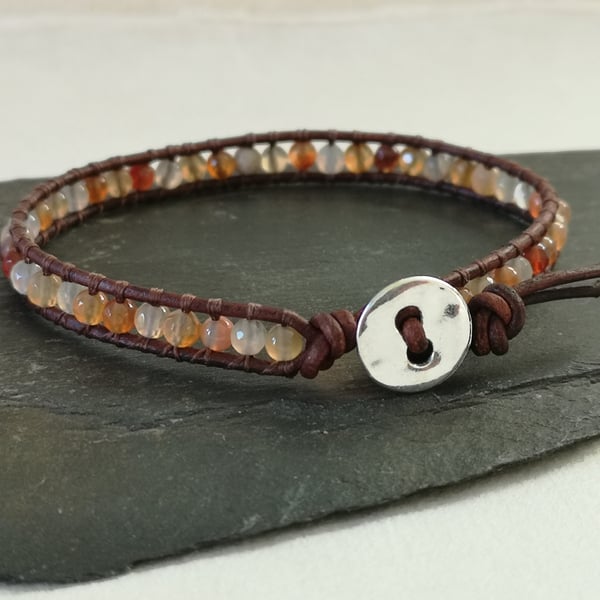 Carnelian and leather bracelet, July birthstone