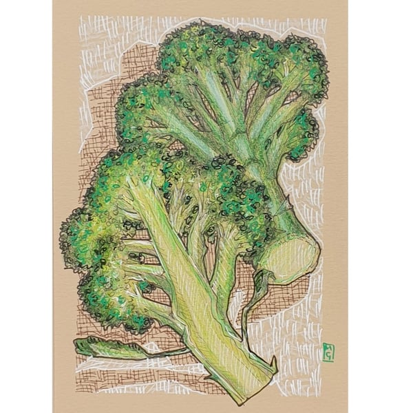 Broccoli original drawing, small kitchen art, vegetable wall art