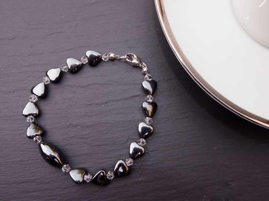 Haematite, Swarovski crystal and silver bracelet
