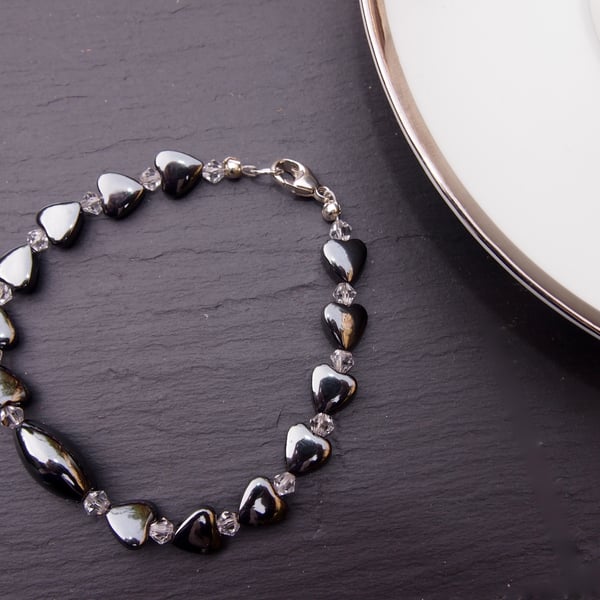 Haematite, Swarovski crystal and silver bracelet