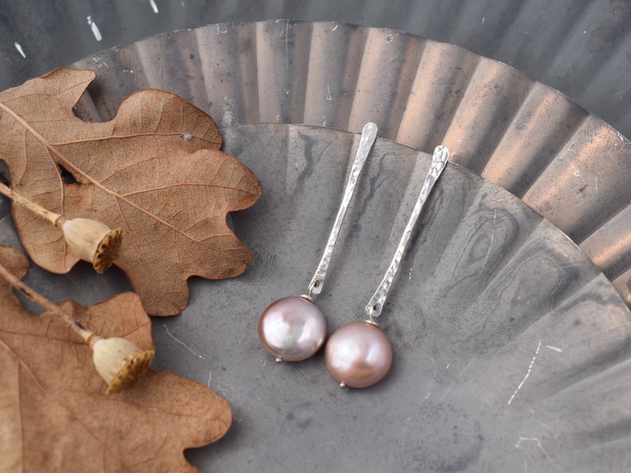 Coin Pearl Drop Earrings - Hammered Silver Bar Earrings