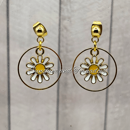 Handmade Gold Daisy Hoop Earrings - Floral Drop Earrings - Daisy Jewellery Gift 
