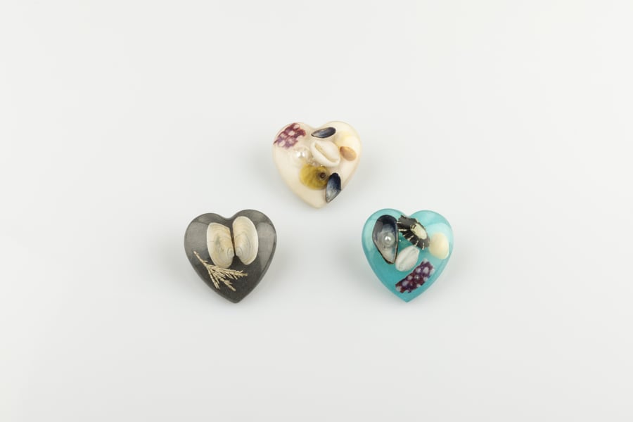 Love heart beach brooch, resin jewellery at its finest from The Shetland Isles.