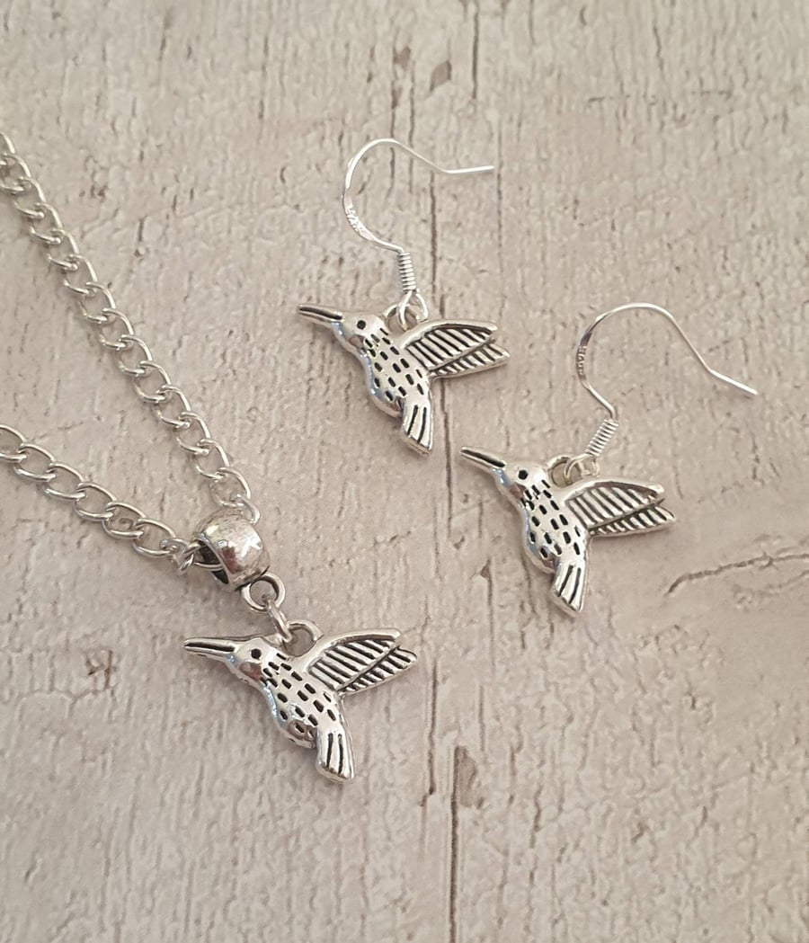 Humming Bird Charm Jewellery Set -Dangly Earrings - Necklace - Chain Options