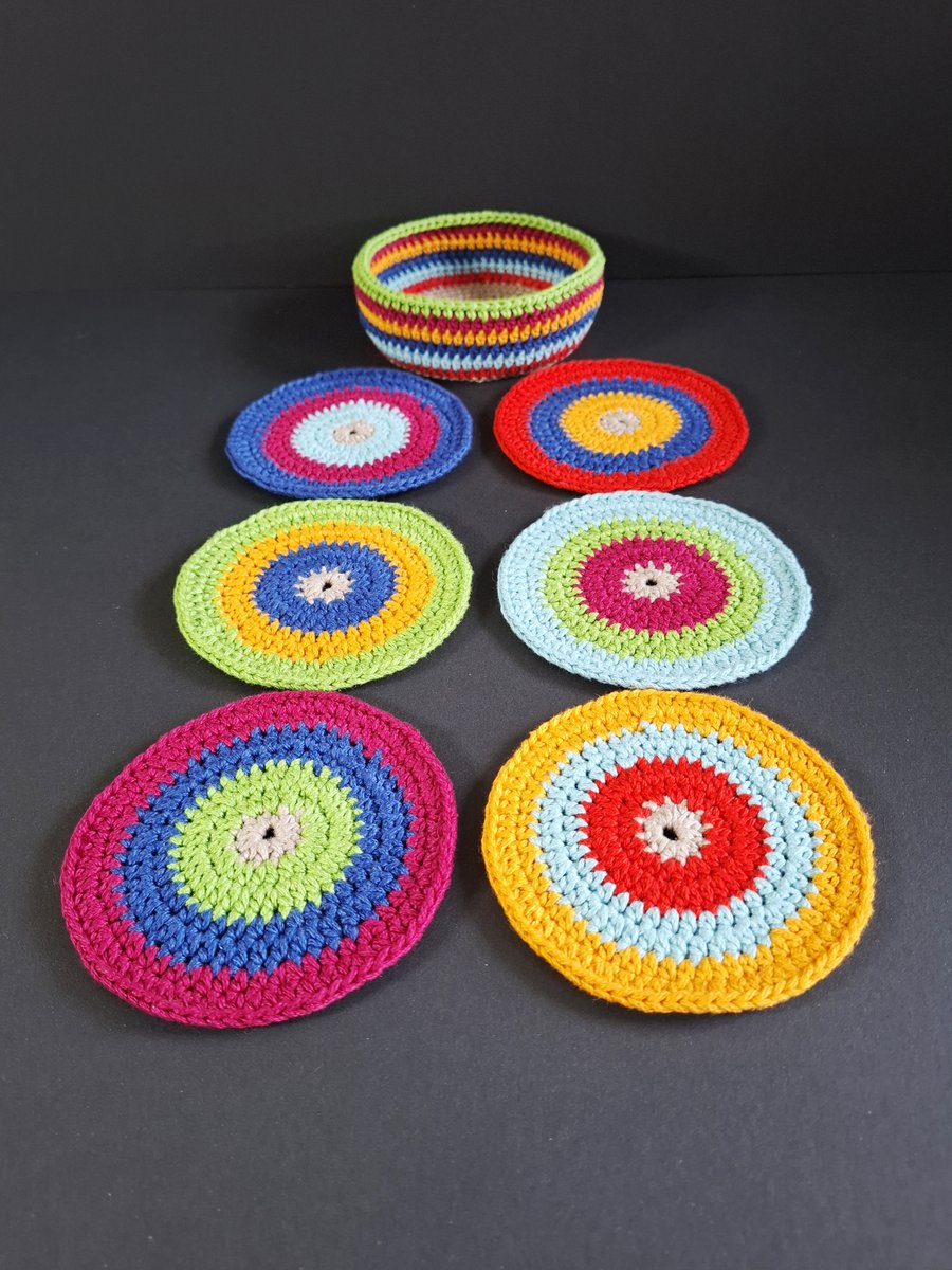 Colourful Coasters and Basket Set. Natural Cotton. Handmade Crochet. 