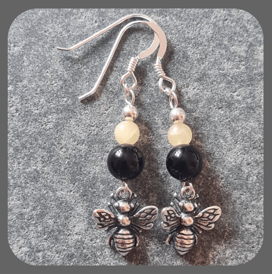 Sterling Silver Bee earrings with Ambronite and Onyx Beads