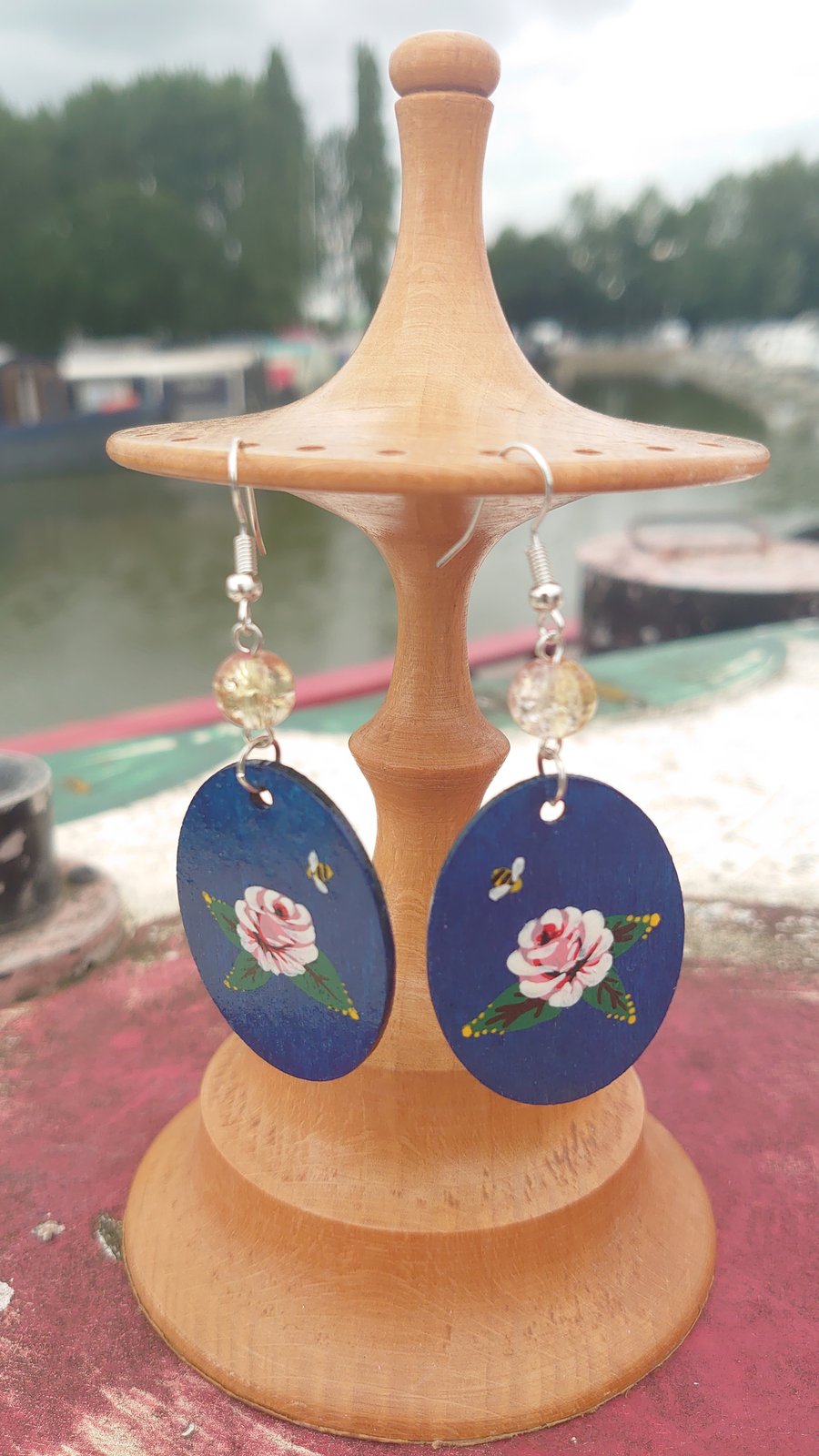 Rose and castle handpainted earrings