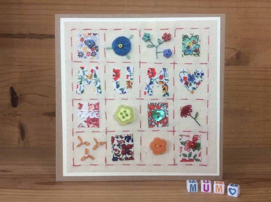 Patchwork style bright hand embroidered Mum card