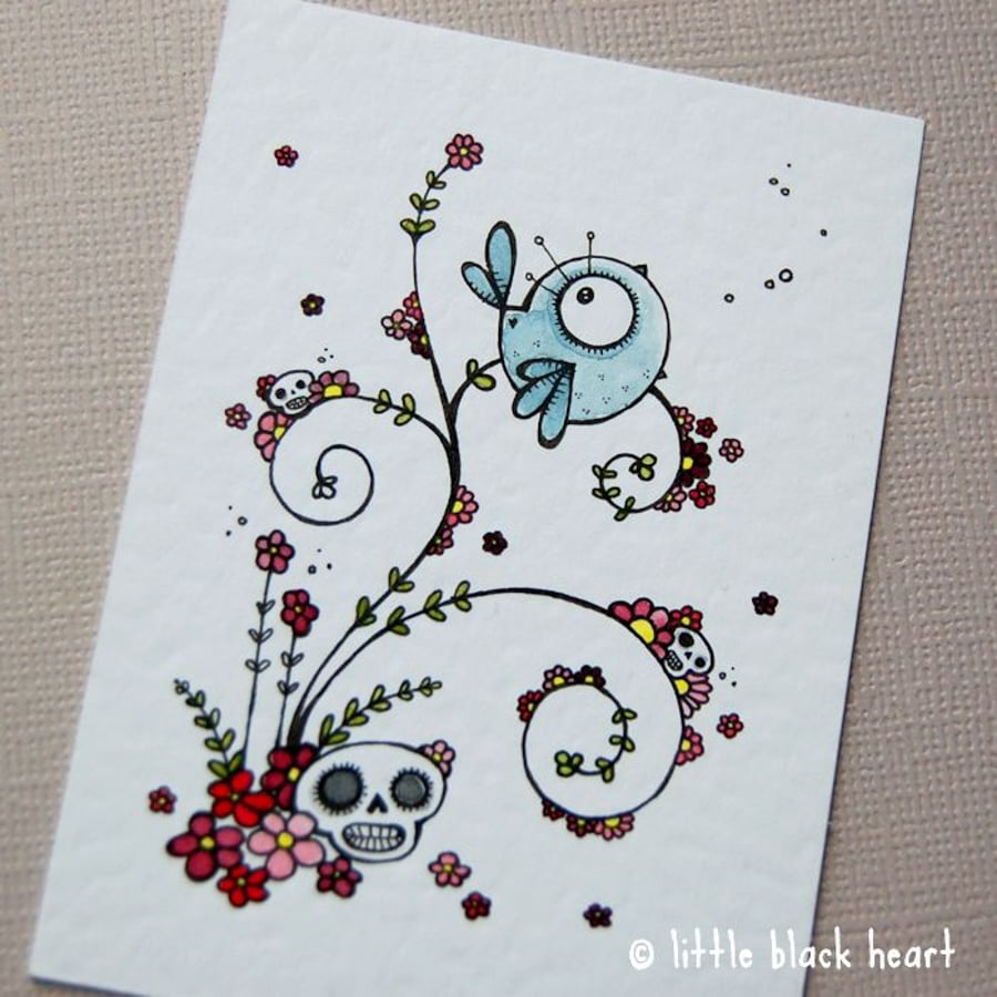 bird, blossom and skulls - original aceo