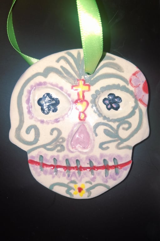 Handmade Ceramic Sugar Skull Decoration – Pastel Pink, Lilac & Sage Green Design
