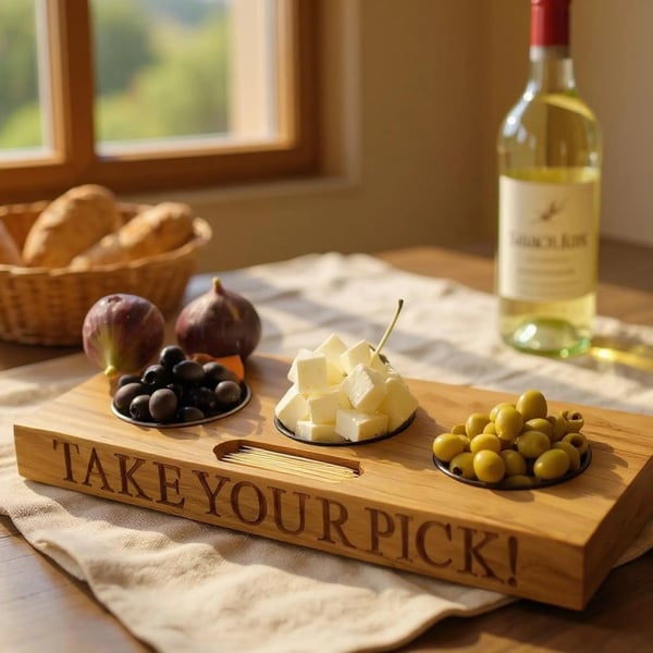 Personalised Oak Deli Tray with Three Ceramic Bowls