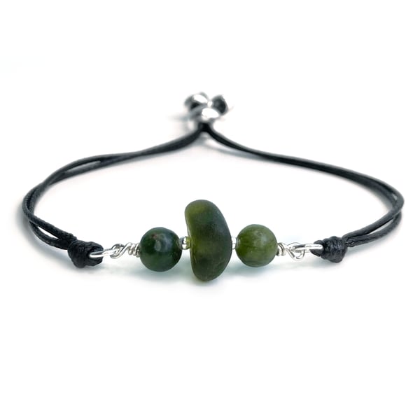 Sea Glass Bracelet. Sterling Silver & Green Jade Beads on Black Cord