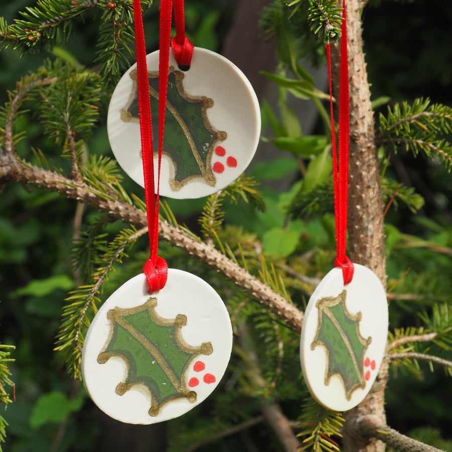 REDUCED 5 Porcelain hanging tree decorations - Holly Leaf 
