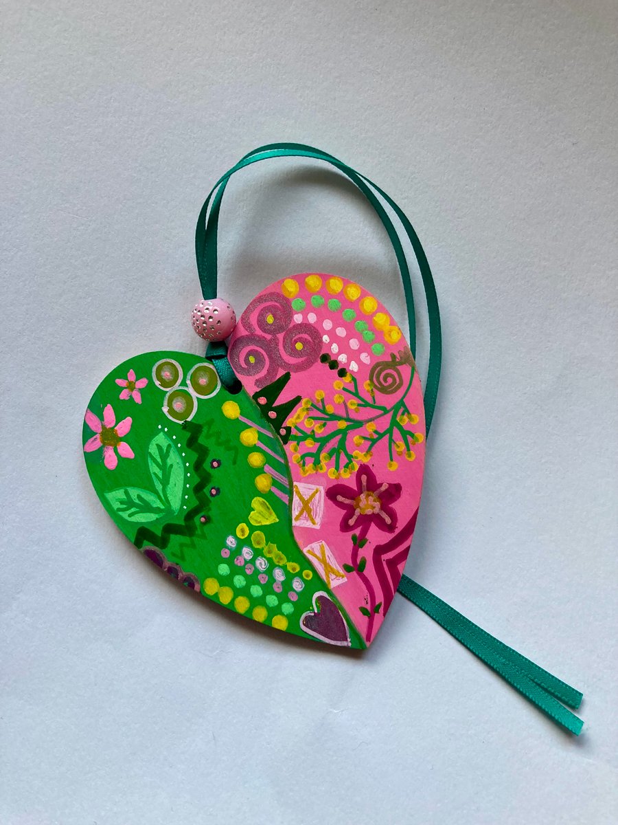 Funky hand painted pink and green wooden heart 